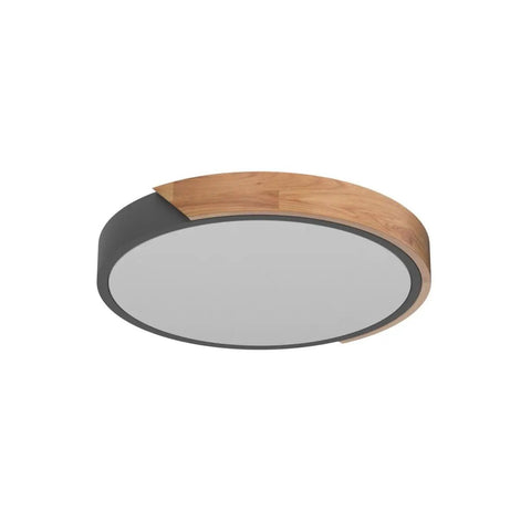 Sleek Modern Round Wood LED Ceiling Light 15.8 Inch Flush Mount Fixture In Gray Minimalist Circular Ceiling Lamp For Bedroom Living Room Dining Room And Laundry Energy Saving Built In LED Chips.