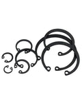 Grab A Sweet Deal On These Heavy Duty M6 To M150 Hole C Circlips Made From Tough 65 Manganese Steel For Your Next DIY Project And Home Repair Job With A Black Finish That Keeps Things Snapped Tight. Multiple sizes of black circlips in varying diameters arranged together.