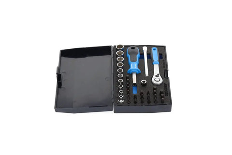 One Quarter Inch Drive Socket Set 37-Piece With Forged UD Profile Sockets, Reversible Ratchet, Push Button Release, in case