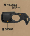 Textured grip of Pocket Size Seatbelt Cutter Escape Tool With Lanyard Hole And Glass Breaker One Hand Deployment 420HC Steel Hook Knife