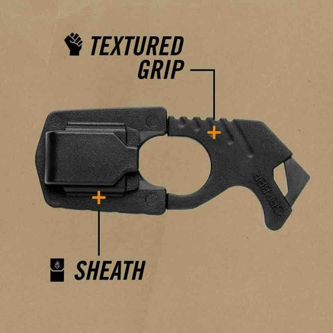 Textured grip of Pocket Size Seatbelt Cutter Escape Tool With Lanyard Hole And Glass Breaker One Hand Deployment 420HC Steel Hook Knife