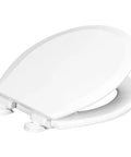 Round Toilet Seat With Heavy Duty Wood Core And Plastic Scratch Resistant Finish Soft Close For Quiet Operation Kid Friendly Ergonomic Comfort Made In The USA White Durable Construction For Busy Homes.