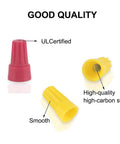 Yellow and red wire connector nuts, smooth finish, high-quality steel interior, UL certified.