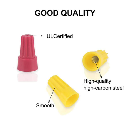 Yellow and red wire connector nuts, smooth finish, high-quality steel interior, UL certified.