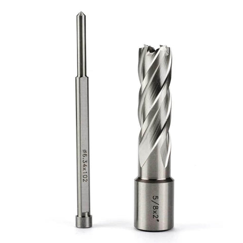 Two-piece HSS annular cutter set with 5/8 in cutting diameter and 2 in depth; includes 3/4 in Weldon shank and pilot pin