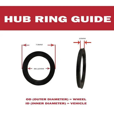 Heavy Duty Poly Carbonate Hub Centric Rings Four Pack Custom Fit For Infiniti And Nissan Wheel Hubs, showing dimensions 66.1mm and 73mm.