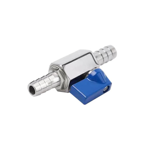 BesNPT stainless steel shut-off valve with blue lever, 3/8 in hose barb connections, pack of 2.
