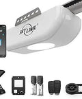 Half Horsepower Belt Drive Garage Door Opener With Alexa And WiFi Compatible Ultra Quiet DC Motor With Soft Start And Stop Built In LED Light Smart Home Ready ATR 1622BKW showing components and smartphone control app