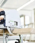 Precision Plunge Saw Featuring Slick Blade Swap Tech and Anti Splinter Guard in use on a wooden beam for precise cutting.