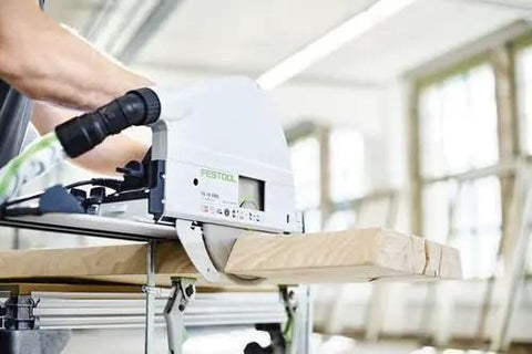 Precision Plunge Saw Featuring Slick Blade Swap Tech and Anti Splinter Guard in use on a wooden beam for precise cutting.