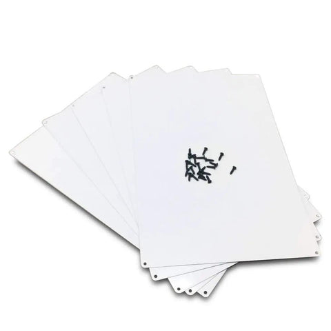 Dope Pearl White Aluminum Sublimation Blanks 200x300x0.65mm With 4 Drilled Holes, 5 Pack, Shown Fanned Out with Screws