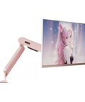 Smooth Moves Height Adjustable Monitor Mount With Heavy Duty Full Motion Desk Arm in pink with a digital display.