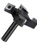 Close-up of spoilboard surfacing router bit with half inch shank and three inch cutting diameter, four wing carbide slab flattening bit for woodworking and CNC routers.