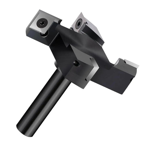 Close-up of spoilboard surfacing router bit with half inch shank and three inch cutting diameter, four wing carbide slab flattening bit for woodworking and CNC routers.