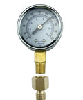 Oil burner fuel pressure test gauge 0-200 PSI with brass fittings, front view.