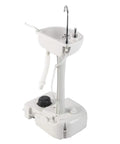 Super Heavy Duty Portable Foot Pump Wash Station With Smooth Rollin Base And No Fuss Soap Tray Plus Sturdy Hanging Rack Made For Outdoor Work Sites Rv Camps And Backyards, white foot pump sink with drain hose.