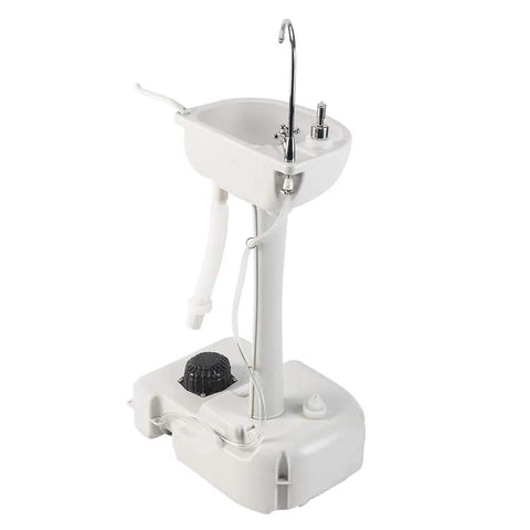 Super Heavy Duty Portable Foot Pump Wash Station With Smooth Rollin Base And No Fuss Soap Tray Plus Sturdy Hanging Rack Made For Outdoor Work Sites Rv Camps And Backyards, white foot pump sink with drain hose.