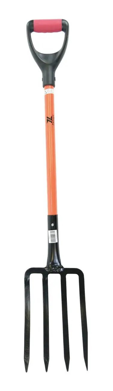 Fiberglass D-Grip Four-Tine Spading and Roofing Fork, diamond point tines, forged steel head, hardwood handle, heavy-duty tool