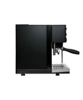 Top Shelf Dual Boiler Espresso Machine With PID Temperature Control Black Finish side view showing sleek design and brewing handle.