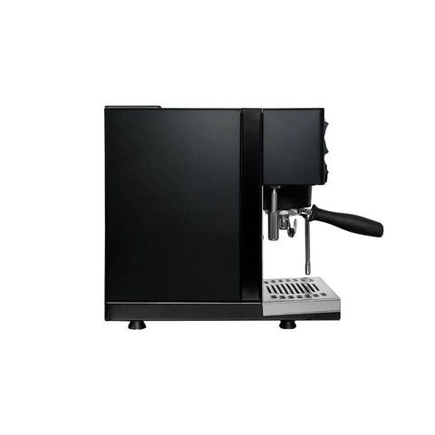 Top Shelf Dual Boiler Espresso Machine With PID Temperature Control Black Finish side view showing sleek design and brewing handle.
