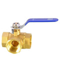 Built Tough Forged Brass Three Way Valve T Type Half Inch Bsp Thread Heavy Duty Plumbing Connector with blue handle.