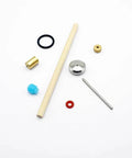 Waterjet cutter head on/off valve repair kit parts; brass fittings, O-rings, blue insert, wooden dowel and metal rod
