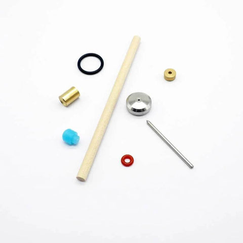 Waterjet cutter head on/off valve repair kit parts; brass fittings, O-rings, blue insert, wooden dowel and metal rod