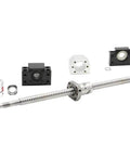 Super Smooth SFU2005 Kit With 5mm Lead Rolled Ball Screw Including RM2005 Nut Plus BK15 BF15 Supports And Coupler For CNC Projects At 1100mm Length. CNC ball screw kit with nut, supports, and coupler on white background