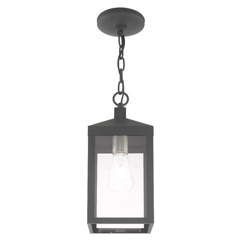 Nyack One Light Outdoor Hanging Lantern in Scandinavian Gray with clear glass, solid brass construction, weatherproof outdoor pendant.