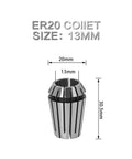 ER20 collet size 13mm, heavy duty high carbon steel for secure bit grip in engraving and milling tasks.