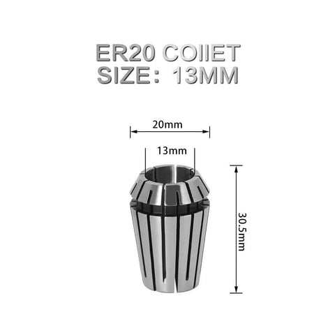 ER20 collet size 13mm, heavy duty high carbon steel for secure bit grip in engraving and milling tasks.