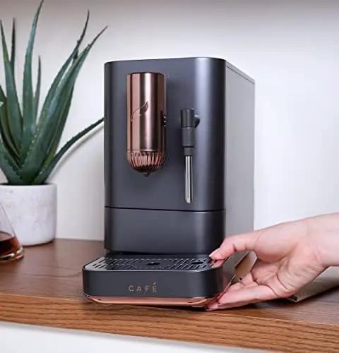 Top Shelf Wifi Automatic Espresso Machine With Built In Milk Frother And Adjustable Bean Grinder One Touch Brew In Under Ninety Seconds Matte Black on kitchen counter.