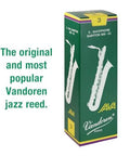 Box of Vandoren Java Bari Sax Reeds Strength 3 for jazz players, five-count pack, showcasing bright response package design.