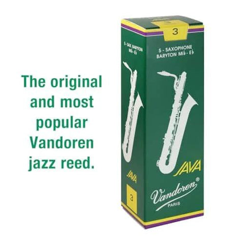 Box of Vandoren Java Bari Sax Reeds Strength 3 for jazz players, five-count pack, showcasing bright response package design.