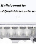 Smooth Operator Countertop Ice Maker Chills Out 33 Pounds Daily Of Snap Frozen Bullet Ice Ready In Eight Minutes With Simple One Button Push And Sharp Black Shell Made For Home Bars Or Weekend Kickbacks showing bullet round ice and adjustable ice cube size.