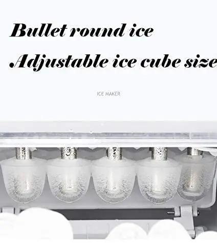 Smooth Operator Countertop Ice Maker Chills Out 33 Pounds Daily Of Snap Frozen Bullet Ice Ready In Eight Minutes With Simple One Button Push And Sharp Black Shell Made For Home Bars Or Weekend Kickbacks showing bullet round ice and adjustable ice cube size.