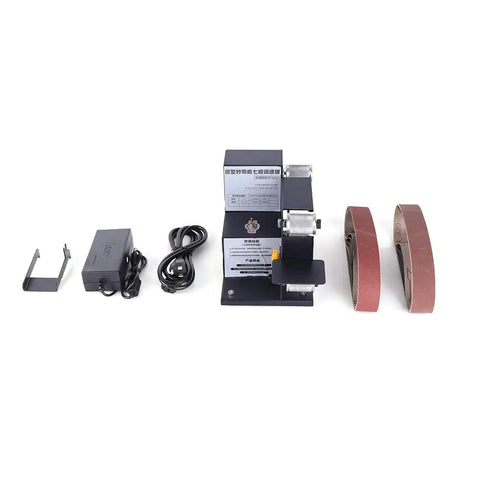 Heavy Duty Mini Bench Belt Sander delivers slick seven speed precision with adjustable platform, includes 10 sanding belts for woodworking.
