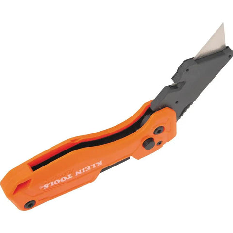 Flickblade Folding Utility Knife With Dual 135 Degree And 180 Degree Blade Positions Detachable One Quarter Inch Impact Driver And Number Two Phillips Bit For Quick Versatile Cuts, orange handle, half-open side view.