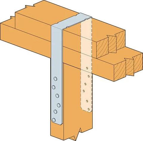 Illustration of SPH4Z ZMAX Galvanized Heavy-Duty Stud Plate Tie 3-9/16 In X 8-3/4 In for 2x studs in light framing setup.