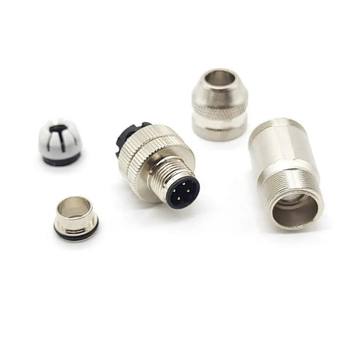 M12 D Code 4 Pin Male Connector With Rugged Shielded Metal Shell Circular Field Assembly IP67 straight adapter components displayed