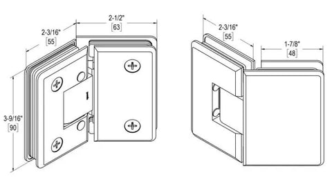 Technical diagram of Oceana Standard Duty Adjustable 135 Degree Glass to Glass Hinge Matte Black for Three Eighths Inch or One Half Inch Glass Doors