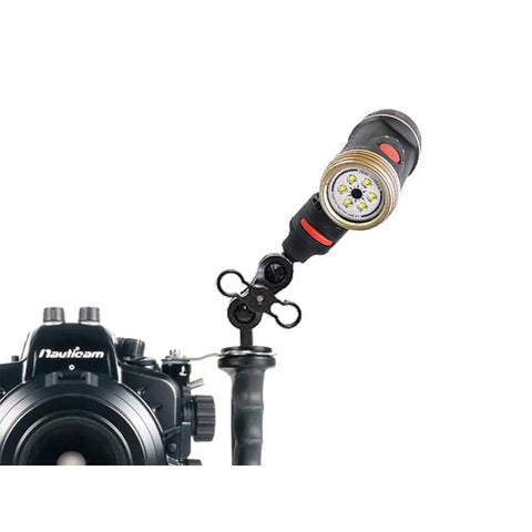 Flex Connect Ball Joint Adapter For Sea Dragon Underwater Lights 1 Inch And 25mm Mount on camera rig, black.