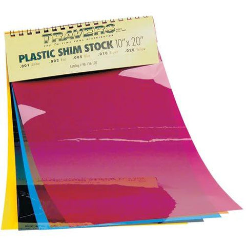 Plastic shim stock set, 10 by 20 inches, assorted translucent colors, stacked sheets.