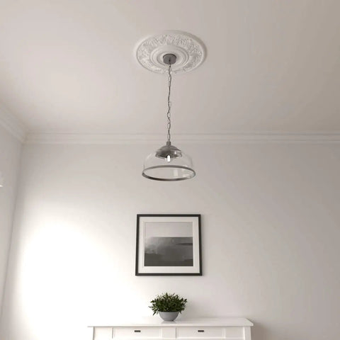 Vienna Ceiling Medallion 20 Inch Outer Diameter With 6.5 Inch Canopy And 3.5 Inch Inner Diameter Lightweight Primed MDF on ceiling with light fixture