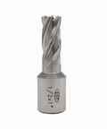 Front view EST HSS M2AL annular cutter with 3/4 in Weldon shank; silver with helical flutes for magnetic drill press