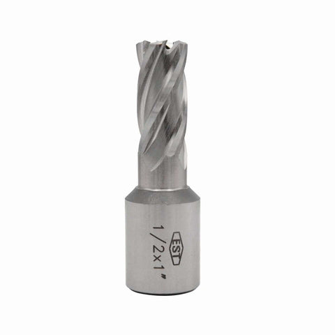 Front view EST HSS M2AL annular cutter with 3/4 in Weldon shank; silver with helical flutes for magnetic drill press