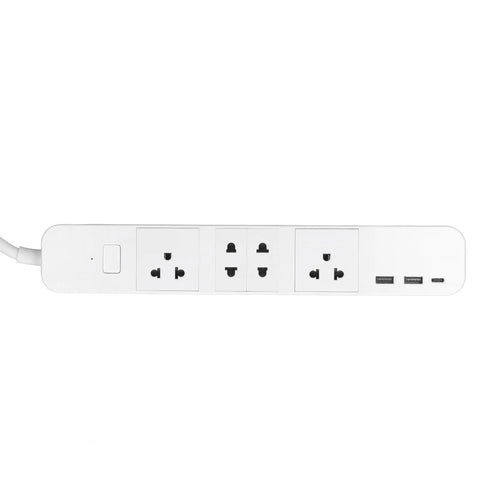 Smart Power Strip With WiFi And Bluetooth Remote Access, Voice Activated Outlets, Quick Charge USB And Type C Ports, App Managed Surge Blocker For A Dope And No Sweat Home Setup top view with four AC outlets and two USB ports.