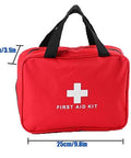 Front view: red first aid kit bag with black carrying handles and white cross logo; empty compact emergency pouch