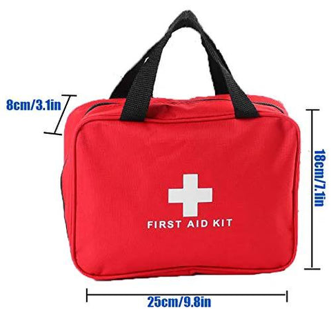 Front view: red first aid kit bag with black carrying handles and white cross logo; empty compact emergency pouch