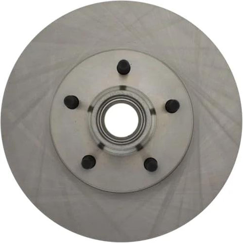 Front view of Centric 121.65051 C-Tek front brake rotor with hub and five lug studs, silver